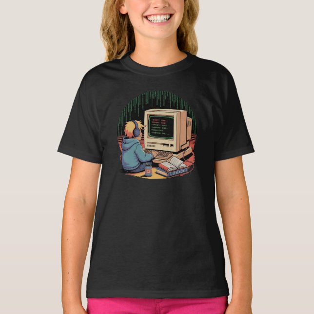 Camiseta Retro Gamer Kid na Arte de Pixel do Computador Vin (Frente)