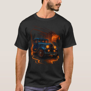 Camiseta "Retro Glow Ride – Carro Azul Vintage na Cidade Ne