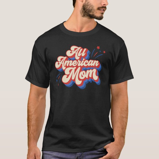 Camiseta Retro Groovy All American Mamãe USA Patriotic 4th  (Frente)