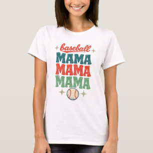 Camiseta Retro Groovy Anos 70 Beisebol Mamãe Texto Empilhad