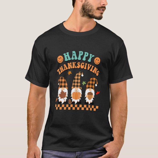 Camiseta Retro Groovy Feliz Ação de Graças Caindo Gnomos Pu (Frente)