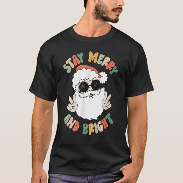 Camiseta Retro Groovy Feliz de Natal Fique Brilhante Hippie (Frente)