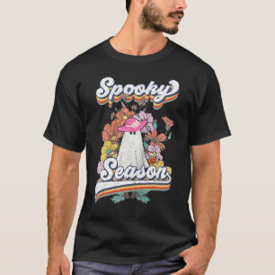 Camiseta Retro Groovy Ghost Spooky Season Floral Pumpkin Ha