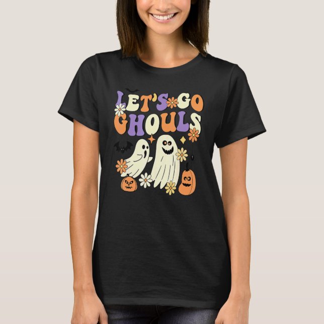 Camiseta Retro Groovy Go Ghouls Floral Ghost Hippie H (Frente)