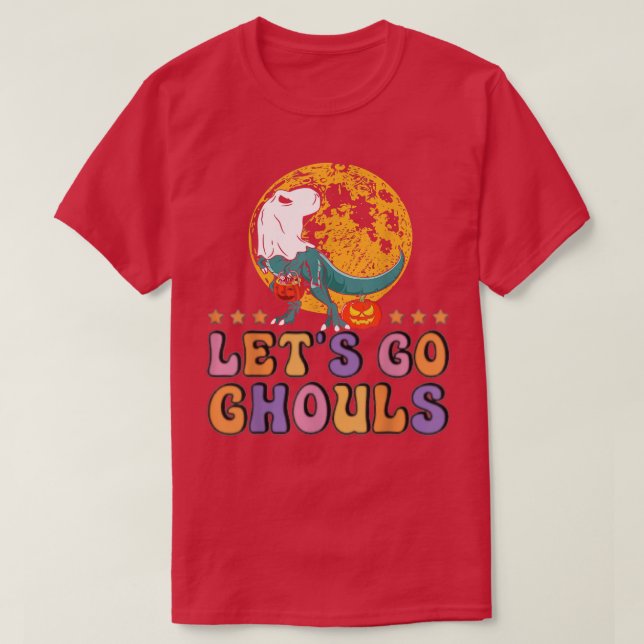 Camiseta Retro Groovy Go Ghouls Halloween Ghost Dinos (Frente do Design)
