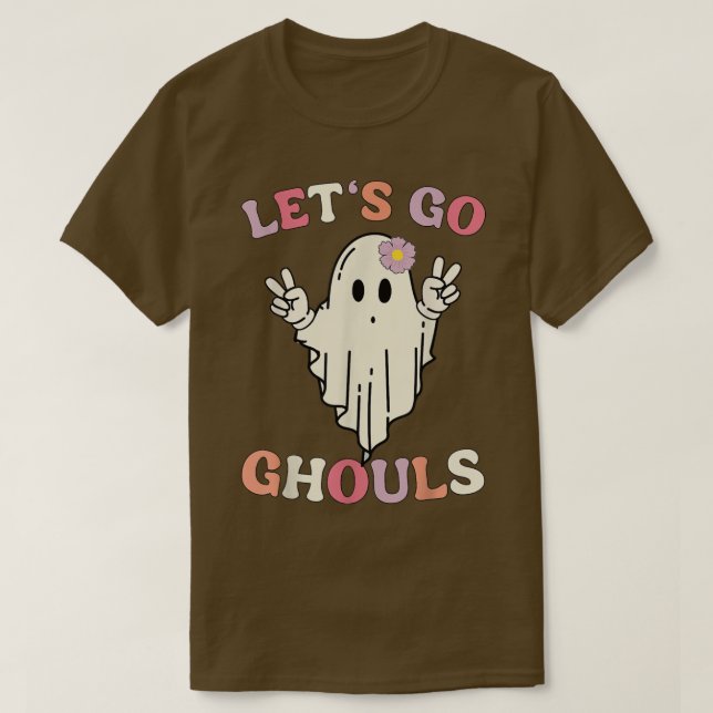 Camiseta Retro Groovy Go Ghouls Halloween Ghost Engraçado (Frente do Design)