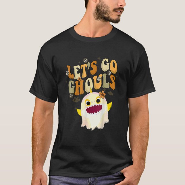 Camiseta Retro Groovy Go Ghouls Halloween Shark Ghost (Frente)