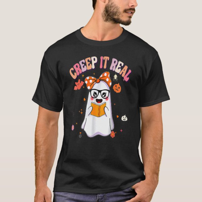 Camiseta Retro Groovy Halloween Creep It Real  Ghost Readin (Frente)