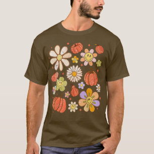 Camiseta Retro Groovy Happy Fall Pumpkins Flowers Cozy Seas