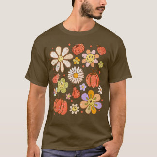 Camiseta Retro Groovy Happy Fall Pumpkins Flowers Cozy Seas