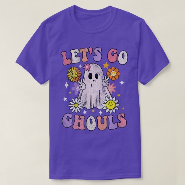 Camiseta Retro Groovy Lets Go Ghouls Ghost 70s Hippie Hallo (Frente do Design)