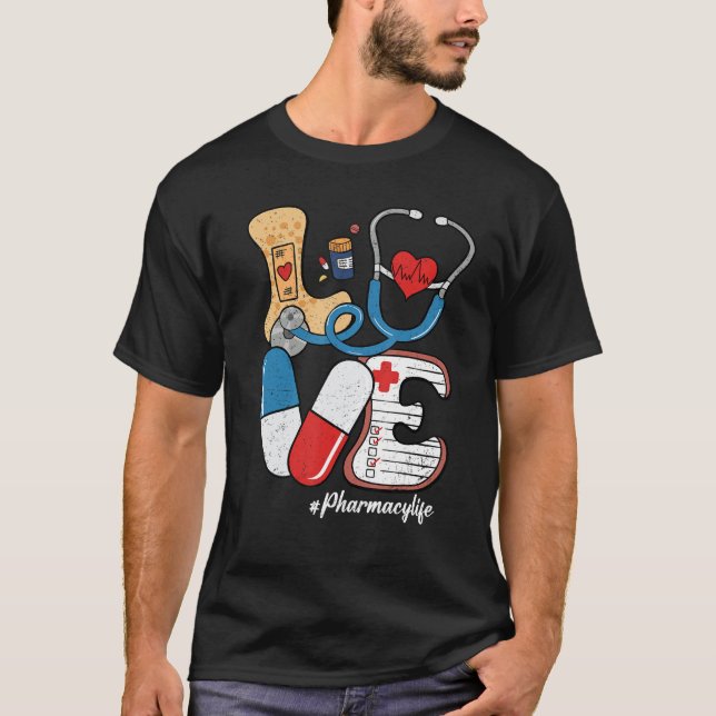 Camiseta Retro Groovy LOVE Stethoscope Pill Pharmacy Life P (Frente)