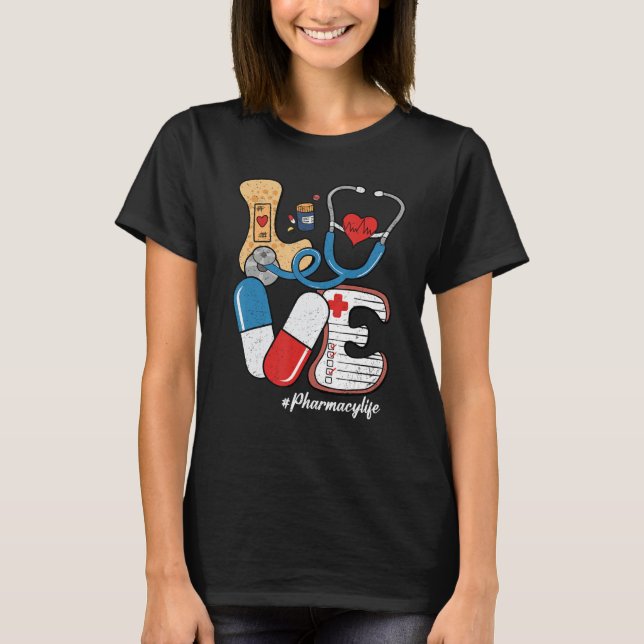 Camiseta Retro Groovy LOVE Stethoscope Pill Pharmacy Life P (Frente)