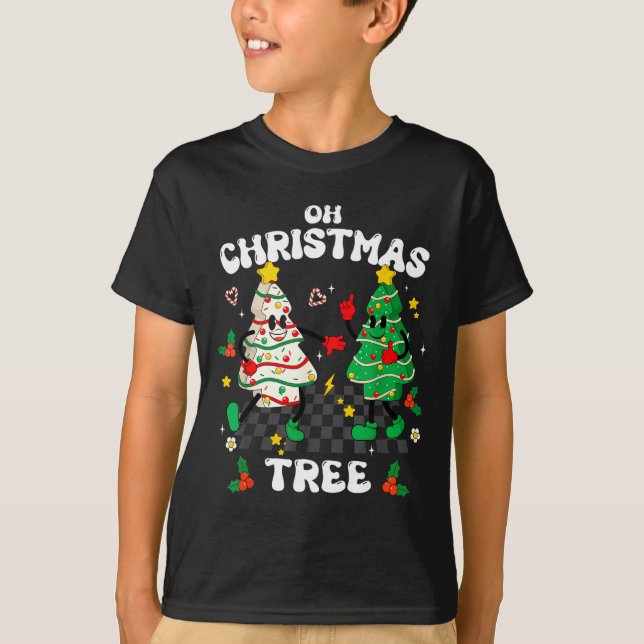 Camiseta Retro Groovy Oh Christmas Tree Cake Pajamas Xmas K (Frente)