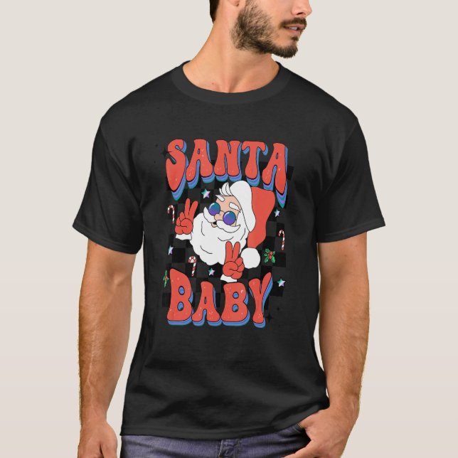 Camiseta Retro Groovy Papai Noel Rocha Xadrez Bebê Criança  (Frente)
