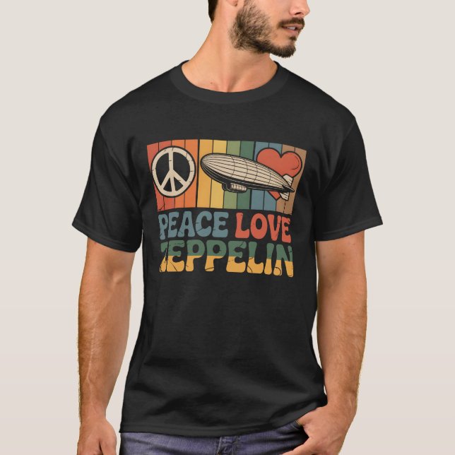 Camiseta Retro Groovy Peace Love Zeppelin 70s Dirigible Bli (Frente)