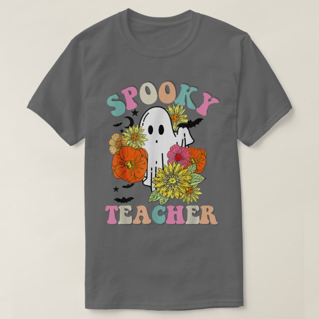 Camiseta Retro Groovy Spooky Professora Queda Fall Floral G (Frente do Design)