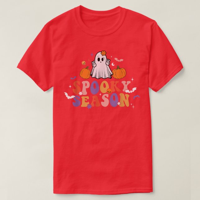 Camiseta Retro Groovy Spooky Season Floral Ghost Hippie Hal (Frente do Design)