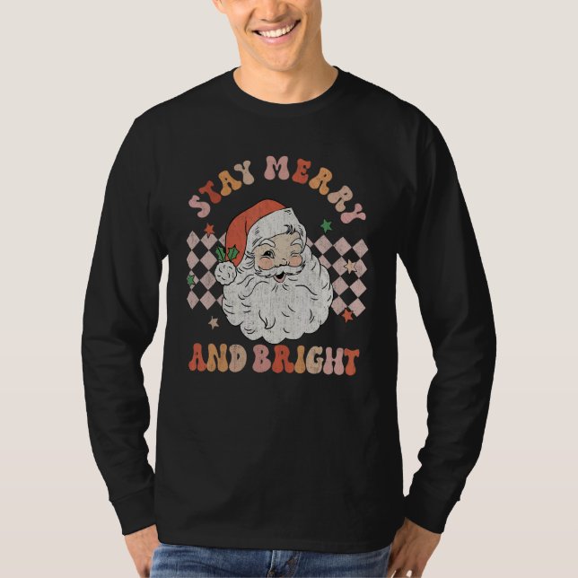 Camiseta Retro Groovy Stay Merry And Bright Santa Claus Chr (Frente)
