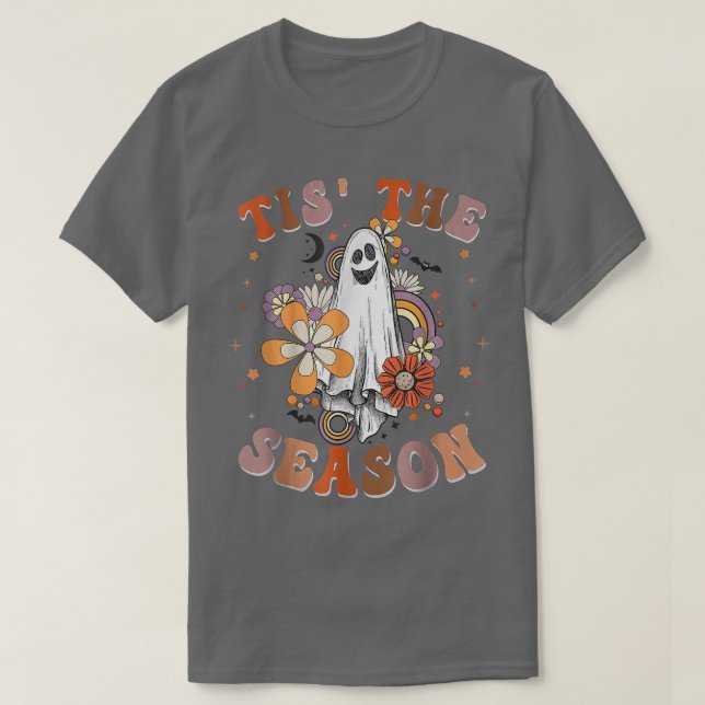 Camiseta Retro Groovy Tis The Season Pumpkin Ghost Hippie H (Frente do Design)
