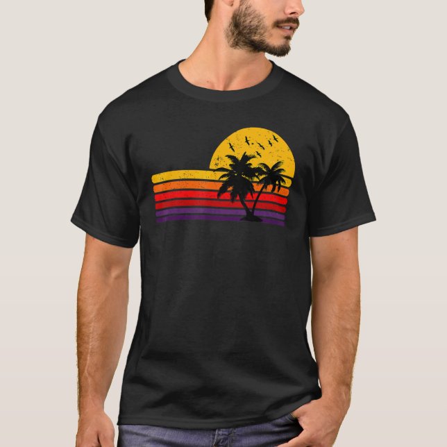Camiseta Retro Grunge Palm Tree Sunset Tropical Beach Men W (Frente)