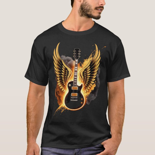Camiseta Retro Guitar Wings Abstract Art Rock And Roll Musi (Frente)