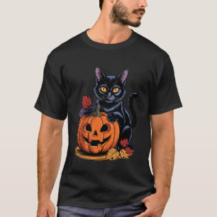Camiseta Retro Halloween Abóbora Gato Preto Criança Pequena
