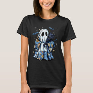 Camiseta Retro Halloween Azul Remendo de Denim Fantasma Pre