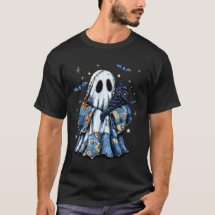 Camiseta Retro Halloween Azul Remendo de Denim Fantasma Pre