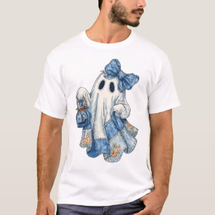 Camiseta Retro Halloween Blue Denim Ghost Coquette Patchwor