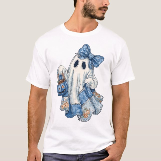 Camiseta Retro Halloween Blue Denim Ghost Coquette Patchwor (Frente)