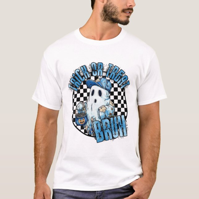 Camiseta Retro Halloween Blue Denim Patchwork Spookie Ghost (Frente)