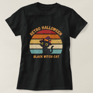 Camiseta Retro Halloween Gata Bruxa Preta Pôr do Sol Vintag