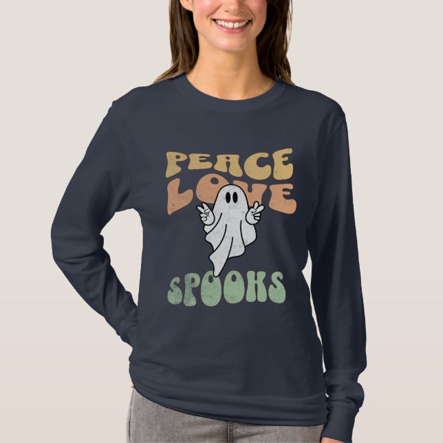 Camiseta Retro Halloween Ghost Groovy Peace Love Spooks (Frente)