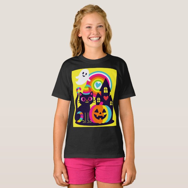 Camiseta Retro Halloween Kawaii Black Cat, design de Abóbor (Frente Completa)