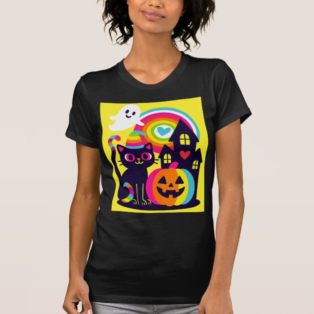 Camiseta Retro Halloween Kawaii Black Cat, design de Abóbor (Frente)