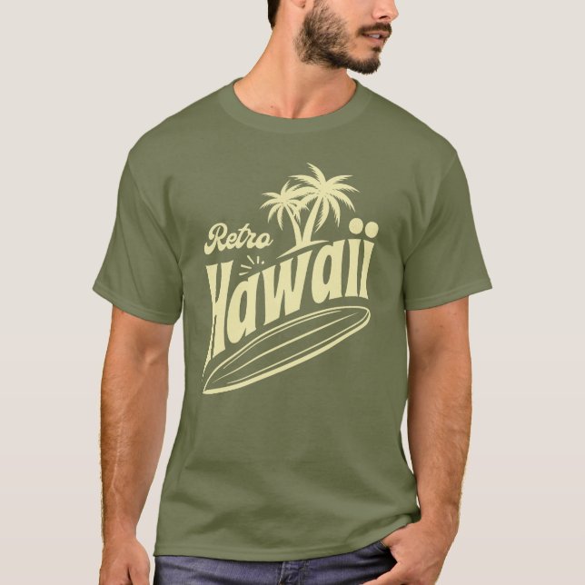 Camiseta Retro Hawaii Vibes with Palm Trees and Surfboard  (Frente)