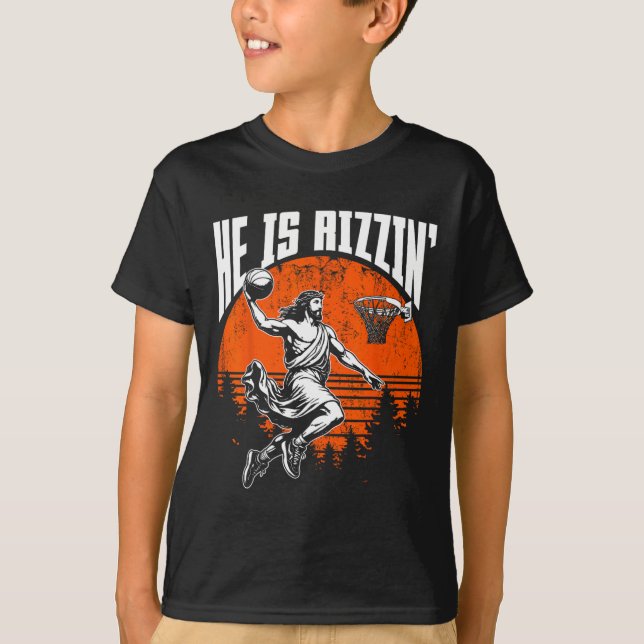 Camiseta Retro He Is Rizzin' Jesus Sketll Player Lover Chri (Frente)