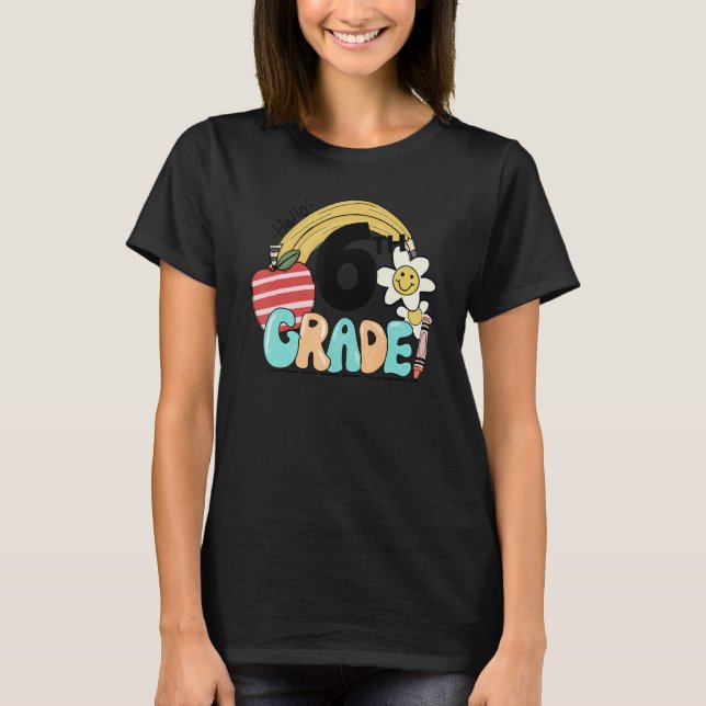Camiseta Retro Hello 6th Grade Floral Rainbow Sixth Grade T (Frente)
