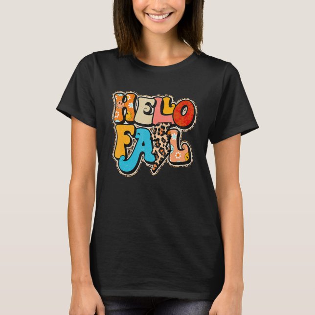 Camiseta Retro Hello Fall Leopard Groovy  Fall Autumn Seaso (Frente)