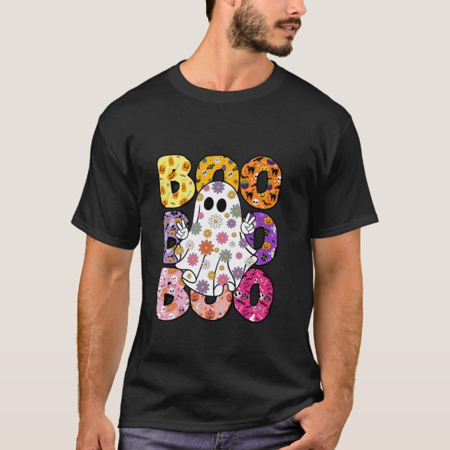 Camiseta Retro Hippie Boo Ghost Floral Halloween Spooky Sea (Frente)
