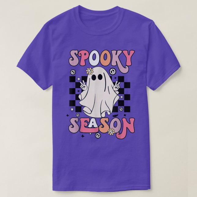Camiseta Retro Hippie Halloween Cute Ghost Spooky Season Wo (Frente do Design)