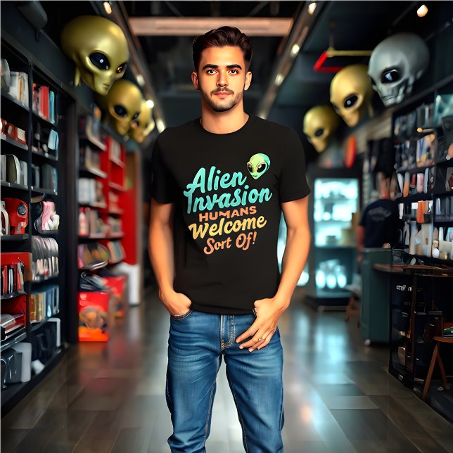 Camiseta Retro "Invasão Alienígena - Bem-vindos aos humanos (Funny Retro Alien Invasion Black T-Shirt)