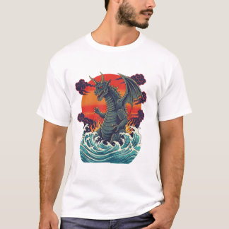Camiseta Retro Japanese Monster Great Wave Sunset