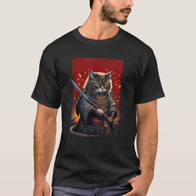 Camiseta Retro Japanese Samurai Ninja Cat Kawaii Tattoo Gra (Frente)