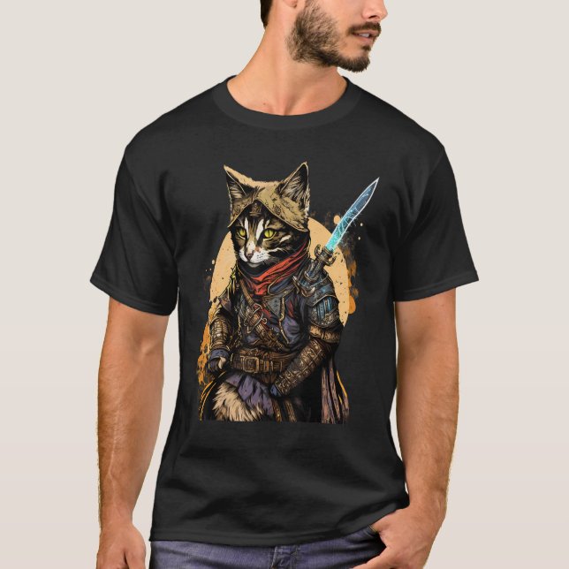 Camiseta Retro Japonês Samurai Cat Bushido Warrior Sword V (Frente)