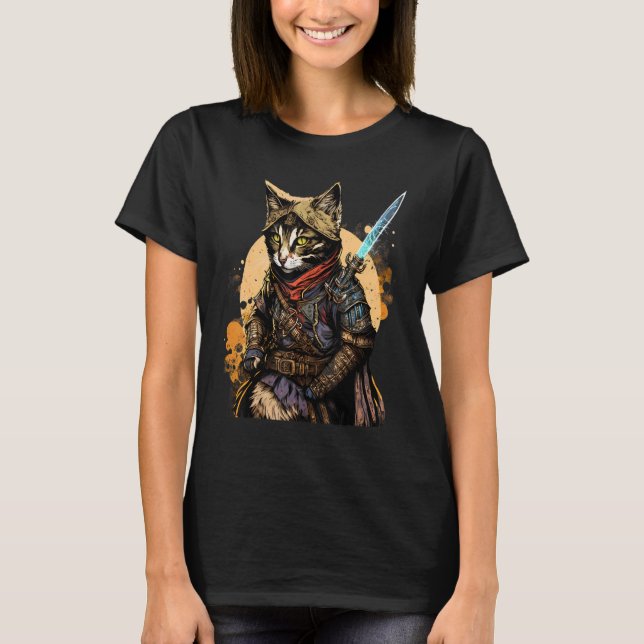 Camiseta Retro Japonês Samurai Cat Bushido Warrior Sword V (Frente)