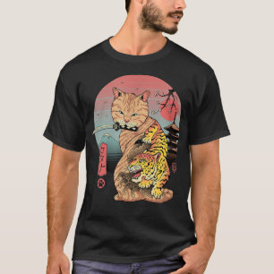 Camiseta Retro Japonês Samurai Ninja Cat Kawaii Tattoo Cat