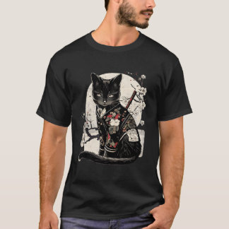Camiseta Retro Japonês Samurai Ninja Cat Kawaii Tattoo Gra