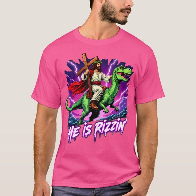 Camiseta Retro Jesus Christian, Ele Está Andando Em T-Rex D (Frente)